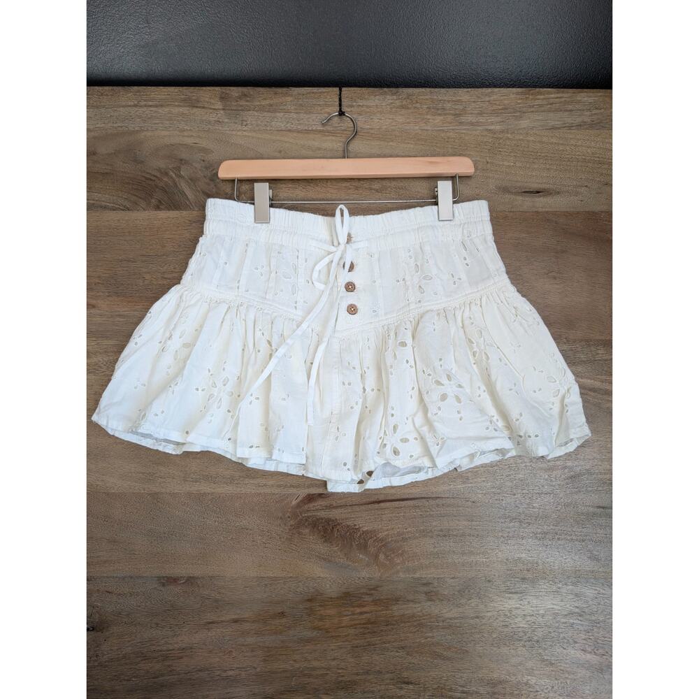 Free People Roselle Eyelet Mini Skirt Womens M Ivory Button Front Drawstring NWT